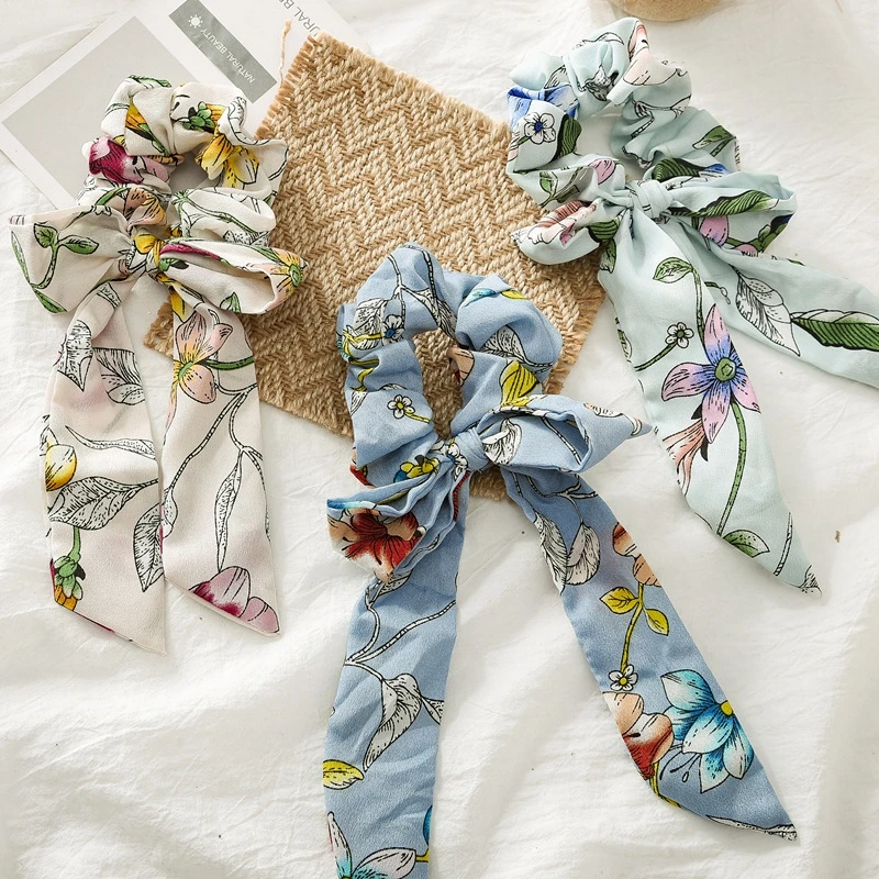 

New Bow Streamers Hair Ring Sweet Formal Print Ribbon Ties Women Horsetail Elastic Hair Bands Trendy Headwear Hair Accessories