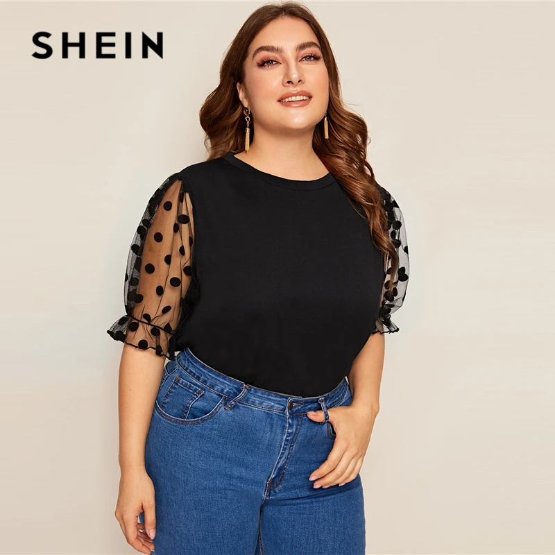 SHEIN زائد حجم أسود السويسري نقطة شبكة كم قمة صلب المحملة 2019 المرأة الصيف عارضة نصف نفخة كم التباين شبكة يا الرقبة قميص SHEIN زائد حجم أسود السويسري نقطة شبكة كم قمة صلب المحملة 2019 المرأة الصيف عارضة نصف نفخة كم التباين شبكة يا الرقبة قميص