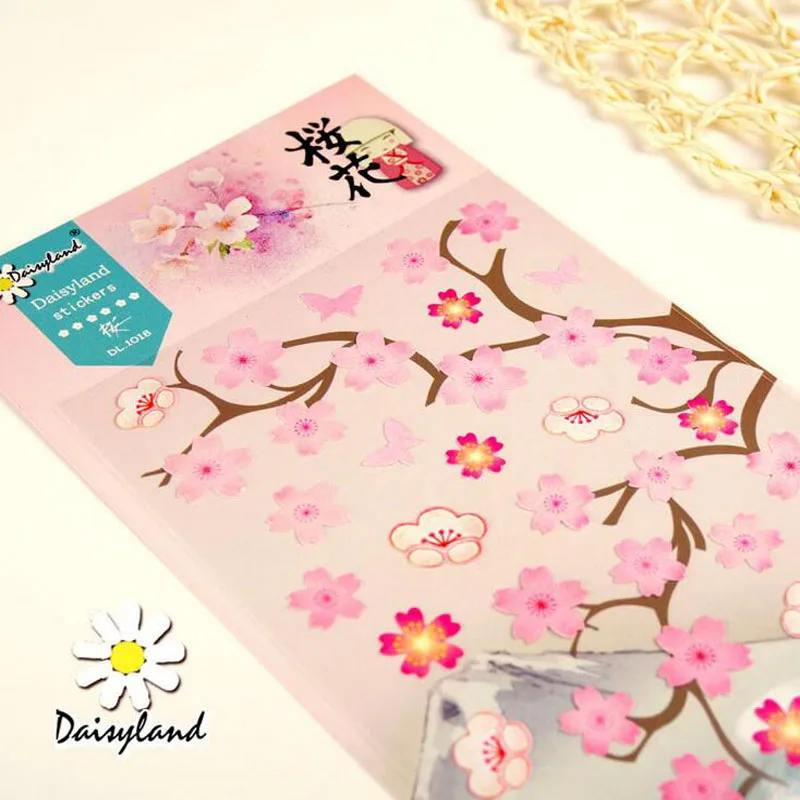 E44 1 Sheet Romantic Sakura Cherry Blossoms Adhesive Stickers DIY