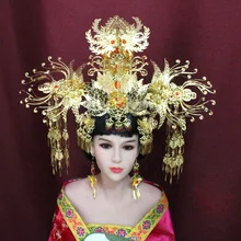 A360 starożytny chiński cesarzowa ślub księżniczki włosy Tiara długi Tassel Phoenix Tiara Handmade fotografia TV zagraj w akcesoria do włosów