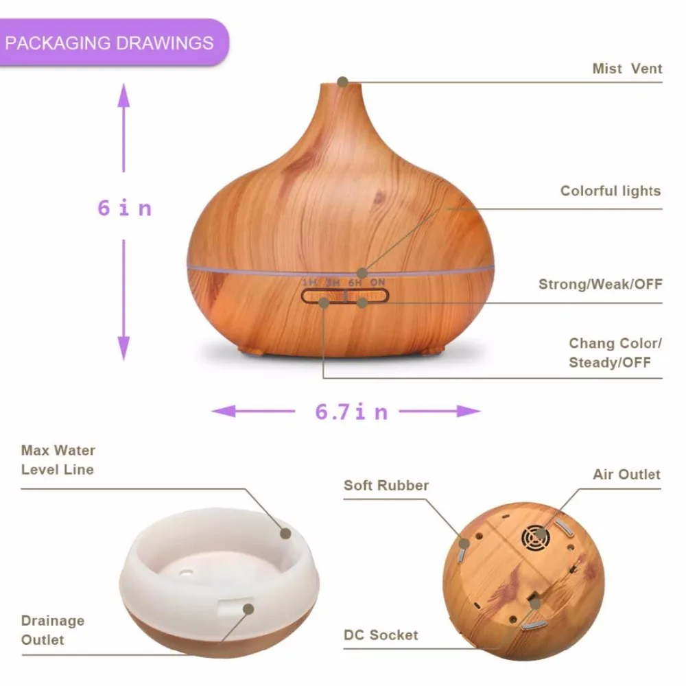 THANKSHARE Air Humidifier Remote Control Ultrasonic Air Diffuser Wood Grain Aromatherapy Essential Oil Aroma Mist Maker For Home