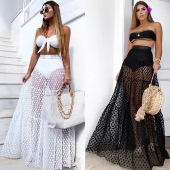 

2019 New Women Sexy Dot Skirt High Waist A-Line Floor-Length Dot Summer Transparent Long Maxi Skirt