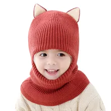 Детская шапка, детские зимние шапки с лисьими ушками для девочек и мальчиков, хлопковая плотная теплая вязаная шапка с ушками, шапка с помпоном из лисьего меха, 1n16 USCJ