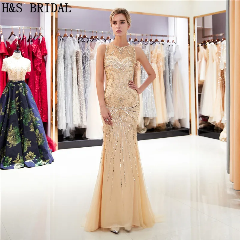 H & S Свадебные Русалка вечернее платье золото кристально длинный Платья вечерние светло-серый Люкс вечернее платье vestidos de fiesta