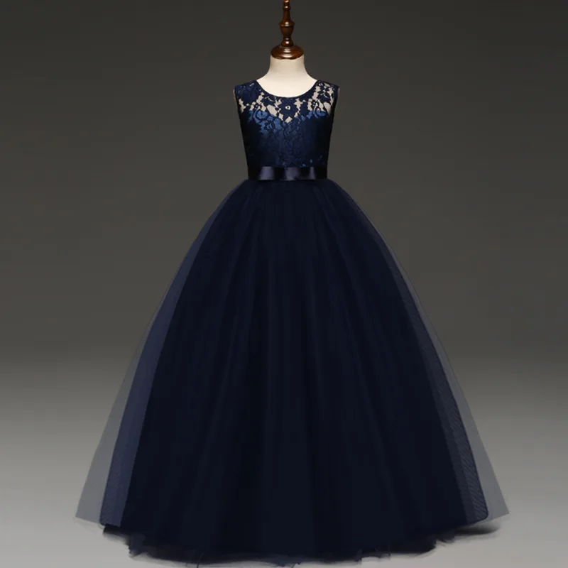 Коллекция года, детское длинное платье для девочек возрастом от 4 до 14 лет, модные белые кружевные вечерние платья длинное платье для девочек Детский костюм принцессы, B2A1A - Цвет: 01 navy blue