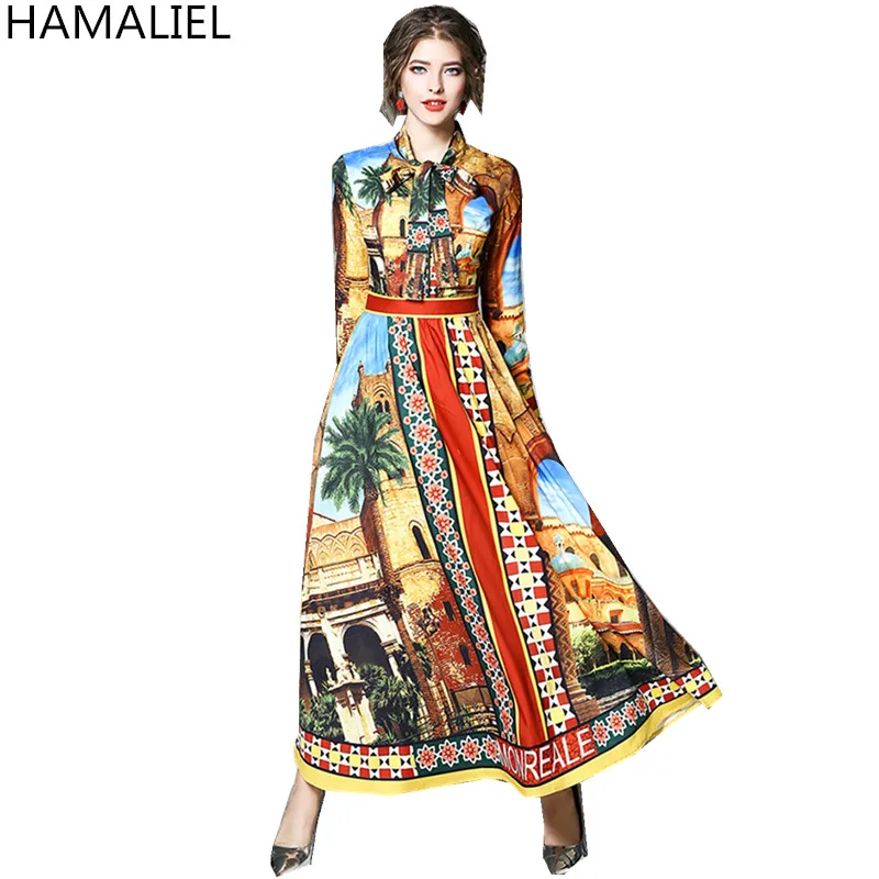 HAMALIEL 2018 Spring Women Runway Long Dress Designer Print Flowers Tie