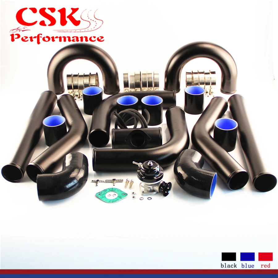 Universal DIY 2.5&quot / 2.75&quot Aluminum Intercooler Piping Pipe Silicone hose T-clamps + Turbo Flange BOV Kit Black |