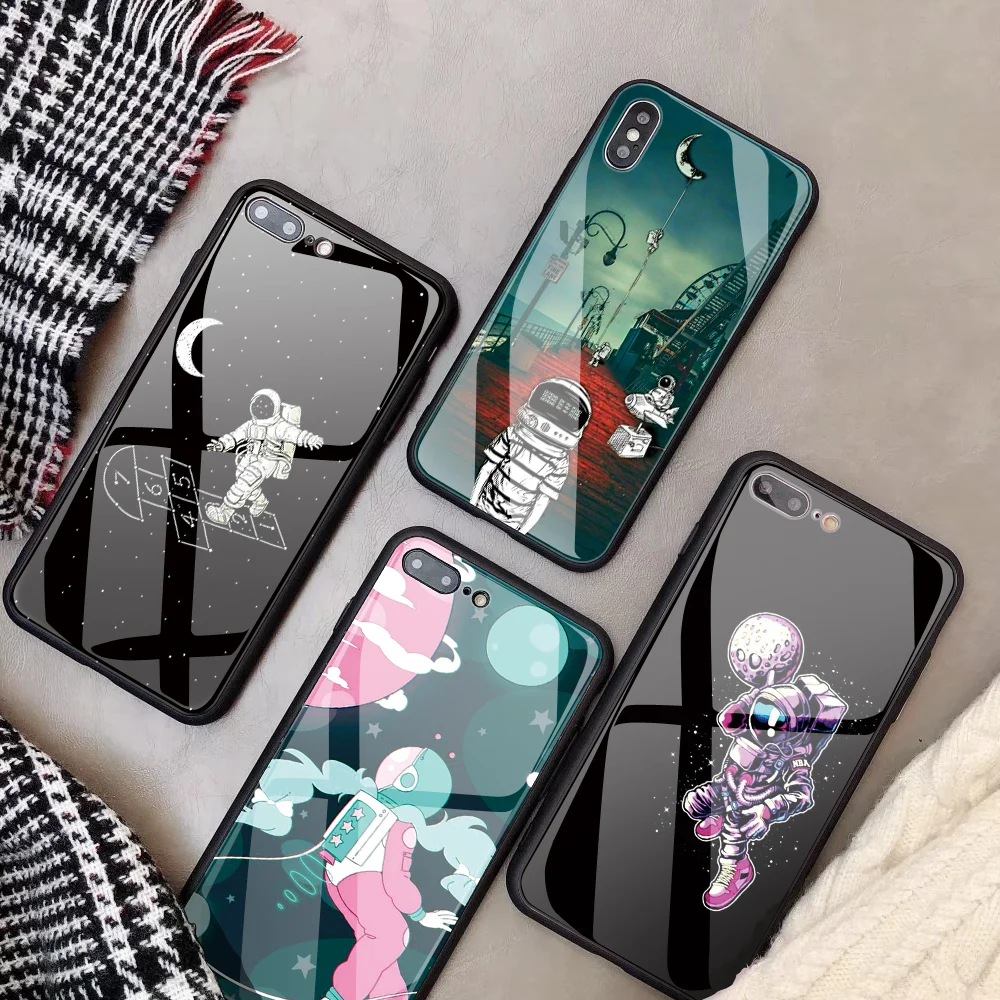 

Customize Glass Phone Case For iphone 7 X Plus 6 6s XS Max XR DIY astronaut glass Phone case astronaut for iPhone 8 5S SE