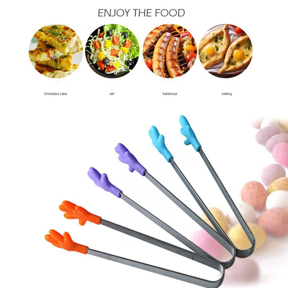 Mini Silicone Food Clip Serving BBQ Tongs Stainless Steel Handle Utensil Creative Hand Shape Cooking Tools Kitchen Accessories