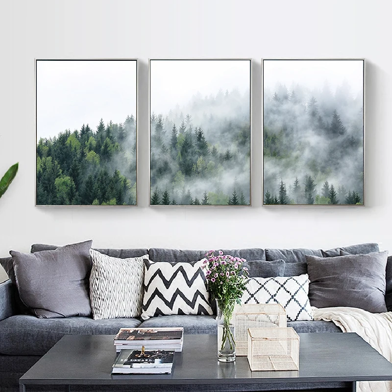 

Living Room Home Decorating Natural Landscape Forest Poster Print Morning Fog Tree Canvas Painting Nordic Wall Picture No Frame