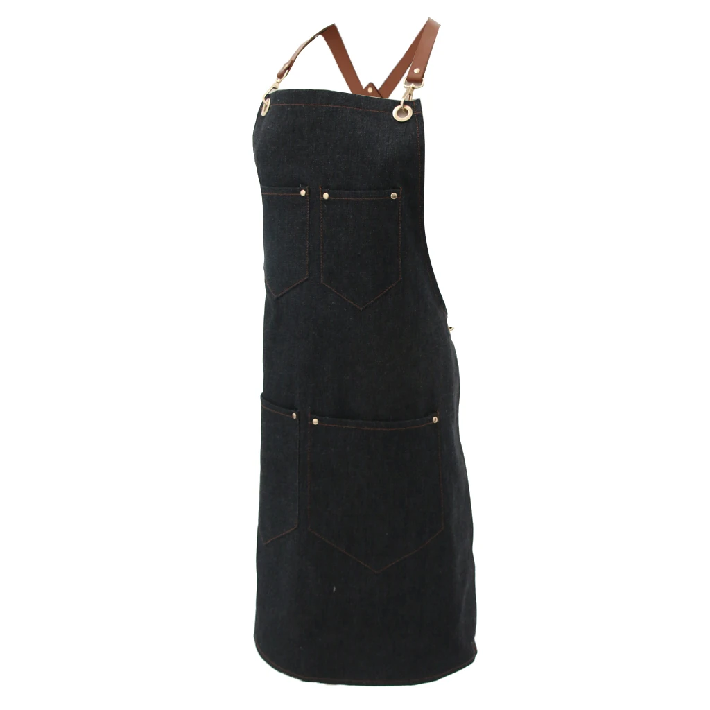 Ladies Men Leather Strap Denim Bib Apron BBQ Florist Baker Bartender Barista Chef Work Uniform
