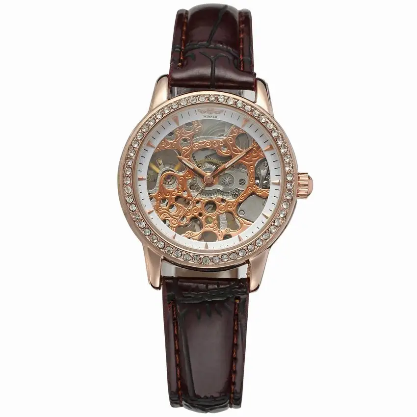Женские прозрачные механические часы с кристаллами и бриллиантами, модные дизайнерские женские наручные часы со скелетом, relogio feminino - Цвет: rose white