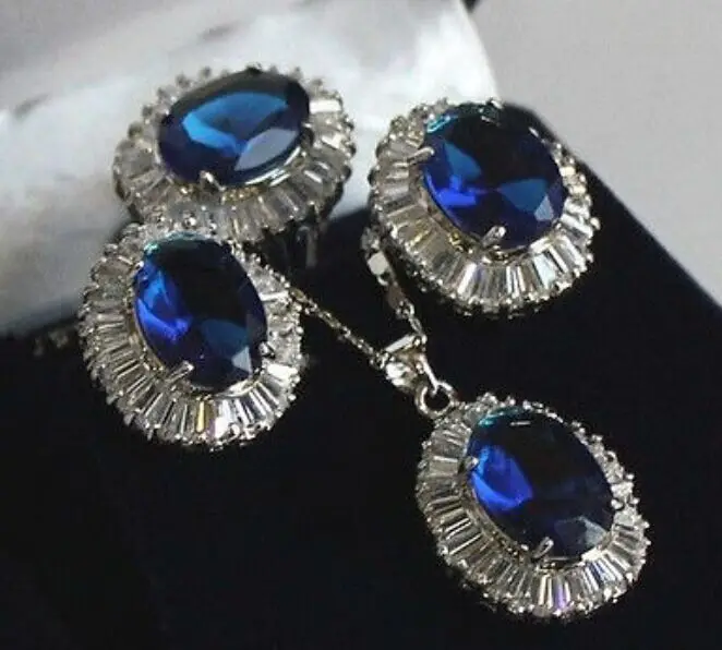 

18K Gold Plated Inlay Blue Crystal Pendant Necklace Ring Earring set AAA style 100% Natural jade Noble Fine jewe