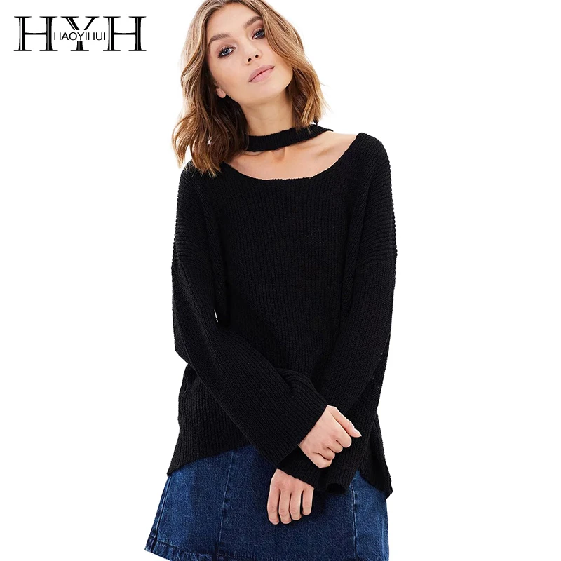 

HYH HAOYIHUI Brand Solid Color Black Sweaters Women Lace Up Halter Loose Knitted Female Tops Causal Lady Soft Pullovers