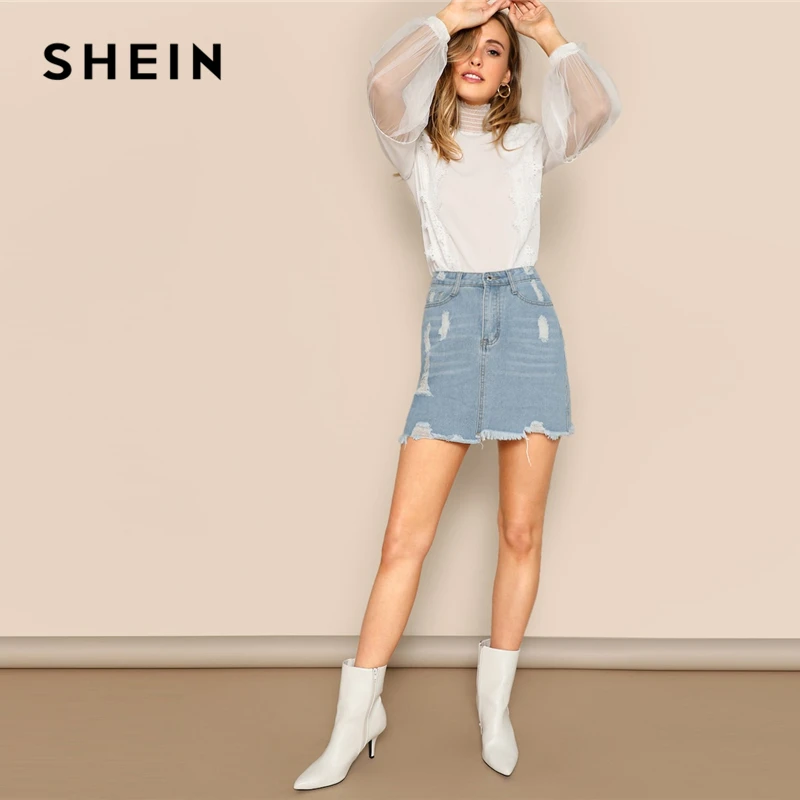 SHEIN Топ С Оригинальным Рукавом И Кружевной Аппликацией Женские Белые Элегантные Блузки Со Стоячим Воротником