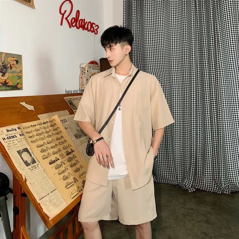 

2019 Summer Men's Customized Short-sleeved Shirt And Shorts Two-piece Casual A Suit For Men Clothes 3 Color High-quality Coats
