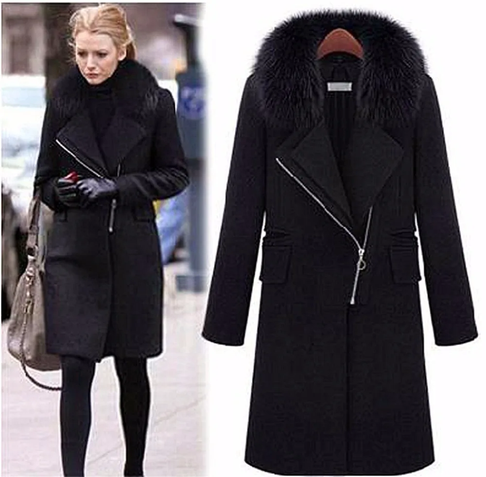 

Autumn and winter in Europe and America large size women's fashion new Slim long section woolen coat with fur collar windbreaker