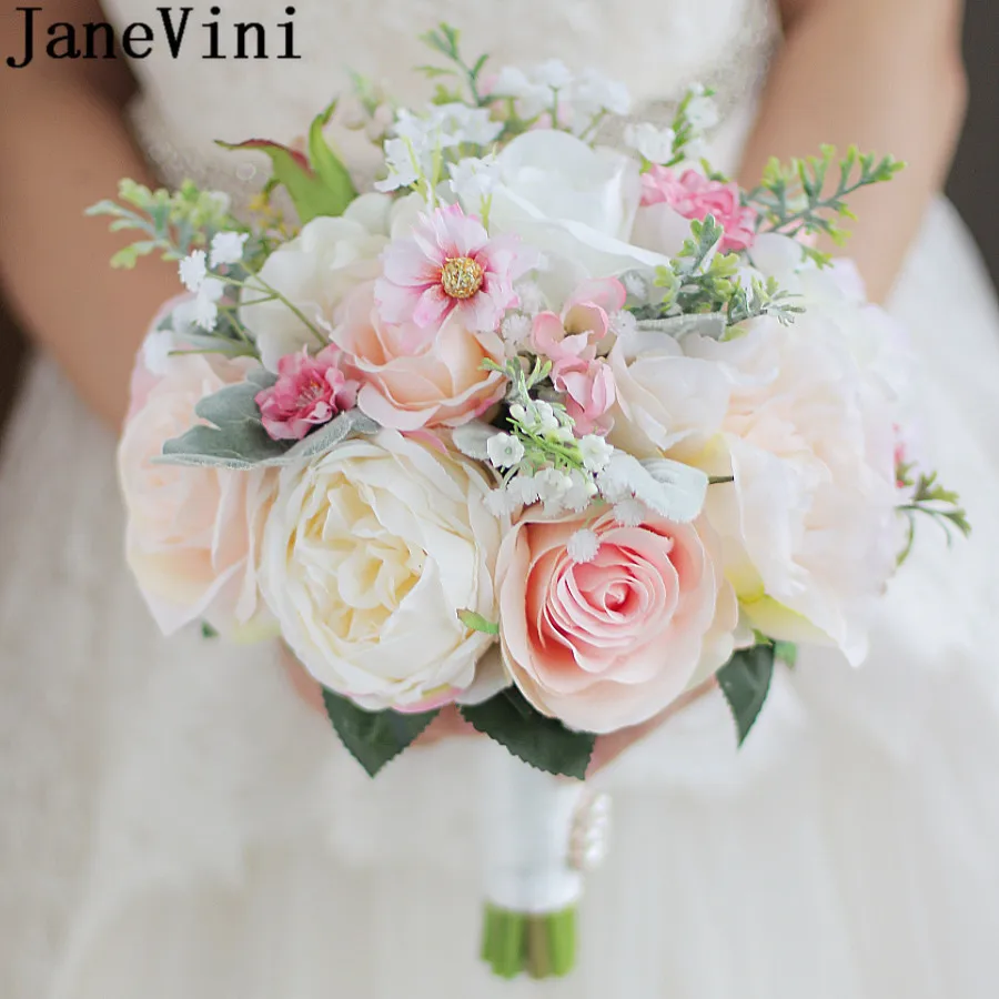 

JaneVini High-end Silk Flower Wedding Bouquets Bridal Bouquet For Brides Artificial Rose Brooch Groom Wedding Hand Bouquet Pink