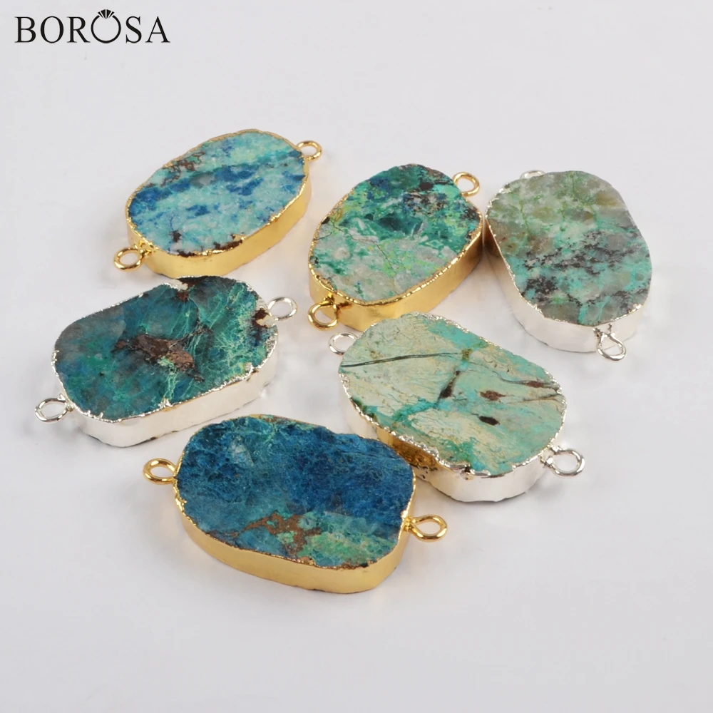 

BOROSA 5/10PCS Gold/Silver Electroplated Natural Chrysocolla Stone Connector Gems for Bracelet for Necklace Jewelry G1810 S1810