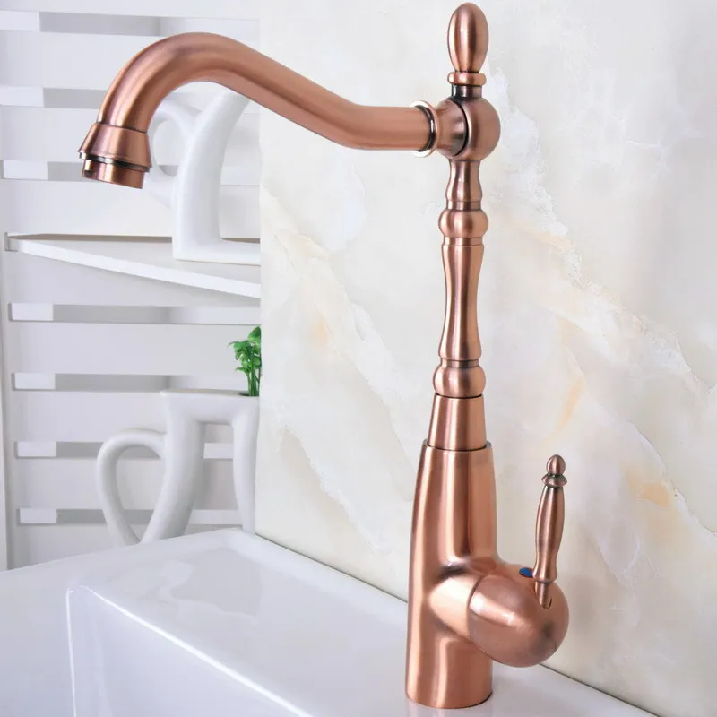 Antique Red Copper Brass Single Handle One Hole Bathroom Kitchen Basin Sink Faucet Mixer Tap Swivel Spout Deck Mounted mnf633