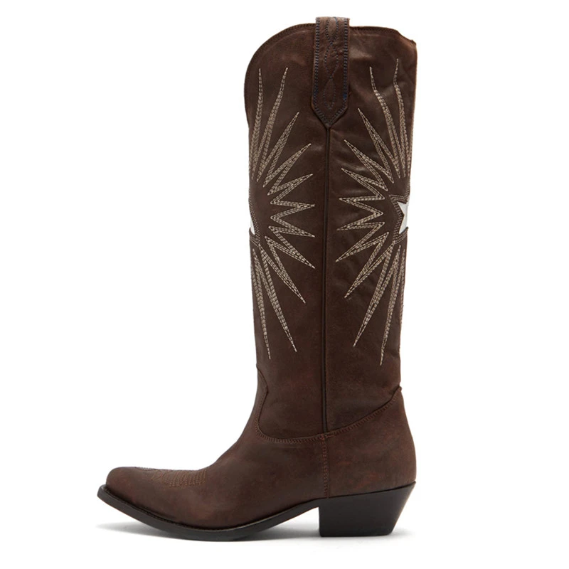 Nueva Botas Bordado Black Moda Cuadrado Costura Dedo La Estrella Del Cinco Rodilla Oro Puntas Tacón Altas brown Caballero Mujeres De 2019 Puntiagudo Pie dXO1wd