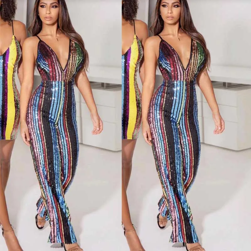 

Celebrity Evening Party Jumpsuits Fashion Women Night Club Sequin Strap Sexy Jumpsuit Wholesale