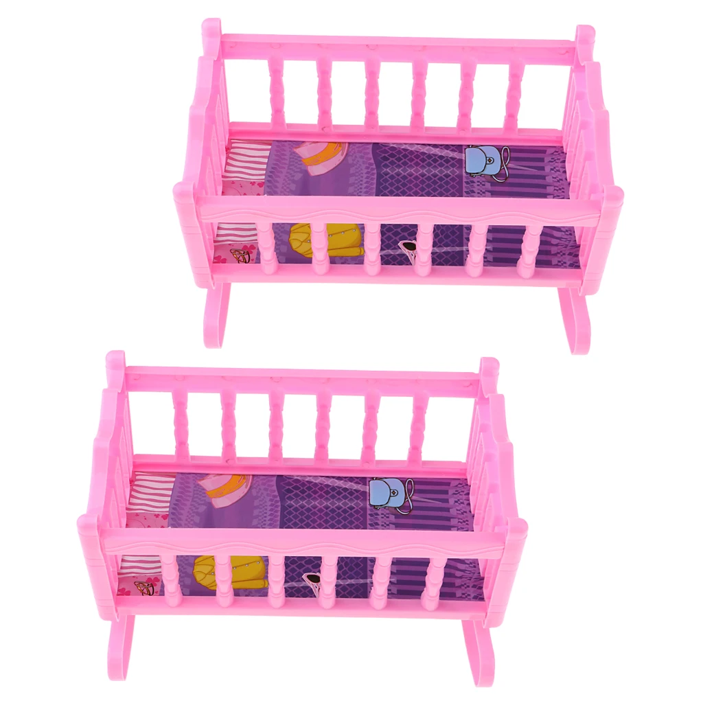 2pcs Cute Plastic Rocking Bed Nursery Room Furniture Accessory for 20cm Baby Dolls Pretend Play Pink