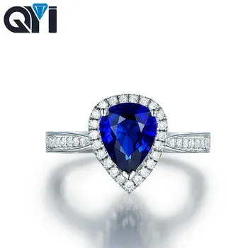 

QYI Silver Simulated Sapphire Wedding Rings 1ct Pear Cut Blue Sona Stone Women 925 Sterling Silver Halo Engagement Rings