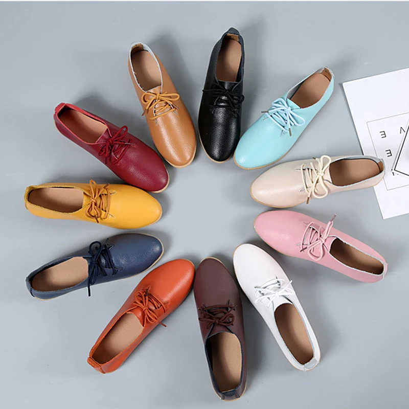 US $11.44 Dongnanfeng Women Ladies Female Mother Leather Shoes Flats Loafers Cow Genuine Leather Pigskin Lace Up Moccasins 3541 Xxh929