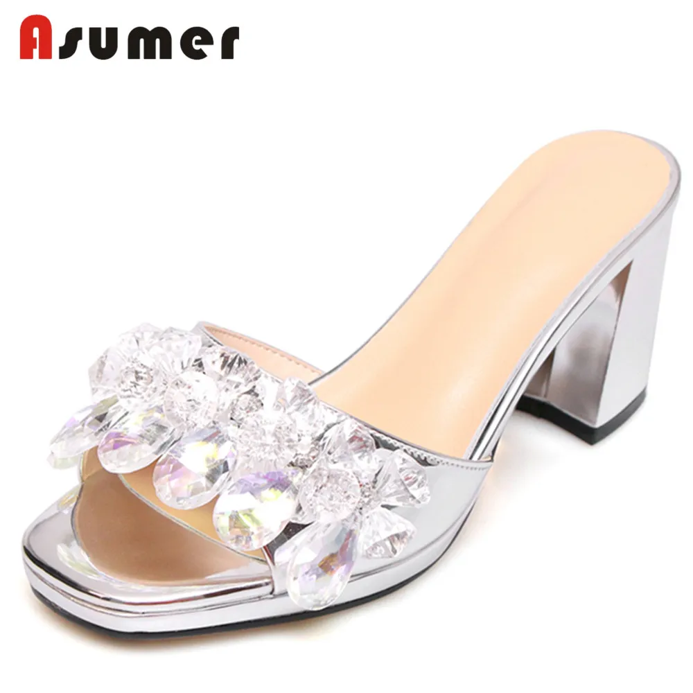 

ASUMER 2018 fashion new arrivals crystal strap shoes genuine leather shoes high heels slippers women transparent silvery