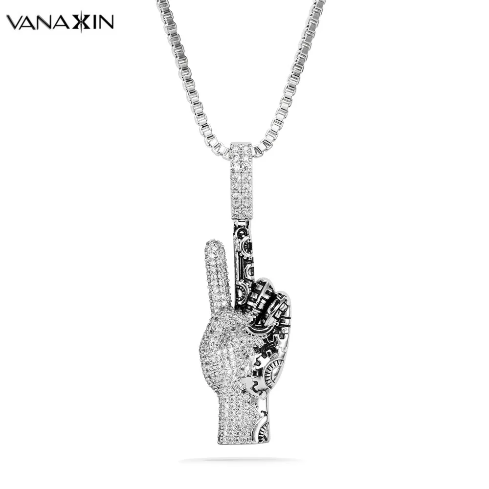 

VANAXIN Victory Finger Pendants&Necklaces For Men Women AAA Iced Out CZ Stone Pendant Vintage Retro Fashion New Arrival Jewelry