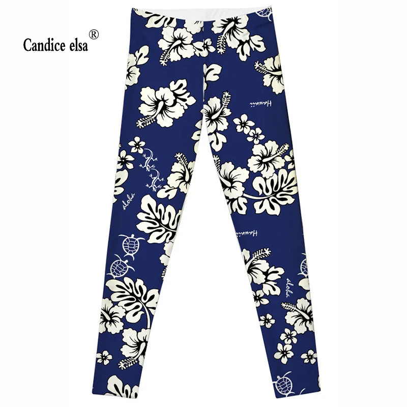 Candice Elsa Sexy Fitness Women Leggings White Flowers Printed Leggins Elastic Female Pants Size