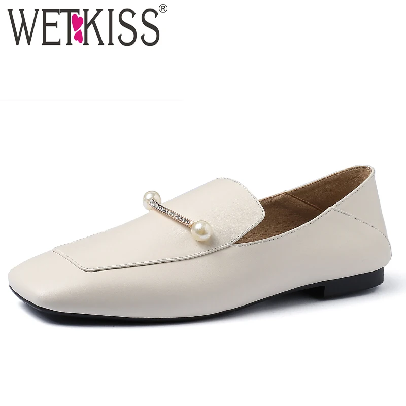 

WETKISS Crystal Flats Women Flat With Square Toe Footwear Fashion Casual Loafers Shoes Female Leather Pearl Mules Shoes Woman