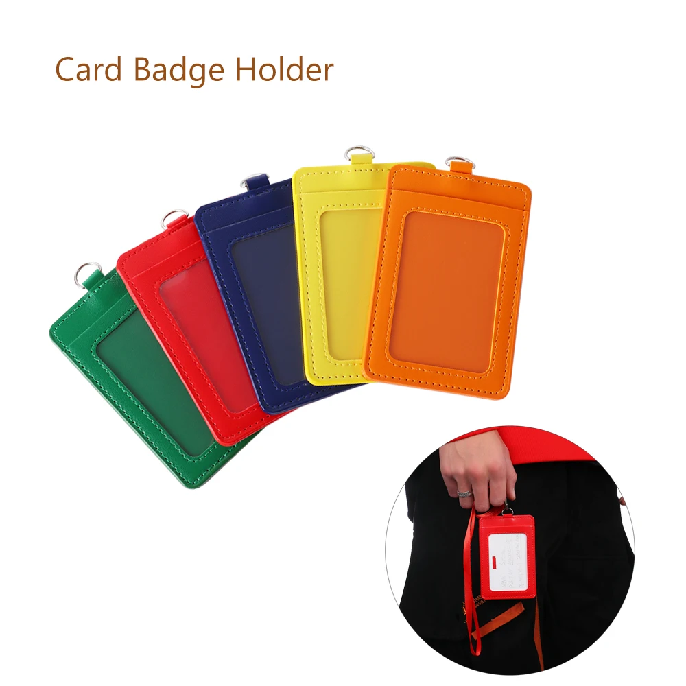 Luxury PU Leather material double card sleeve ID Badge Case with Hang rope Clear Bank Credit