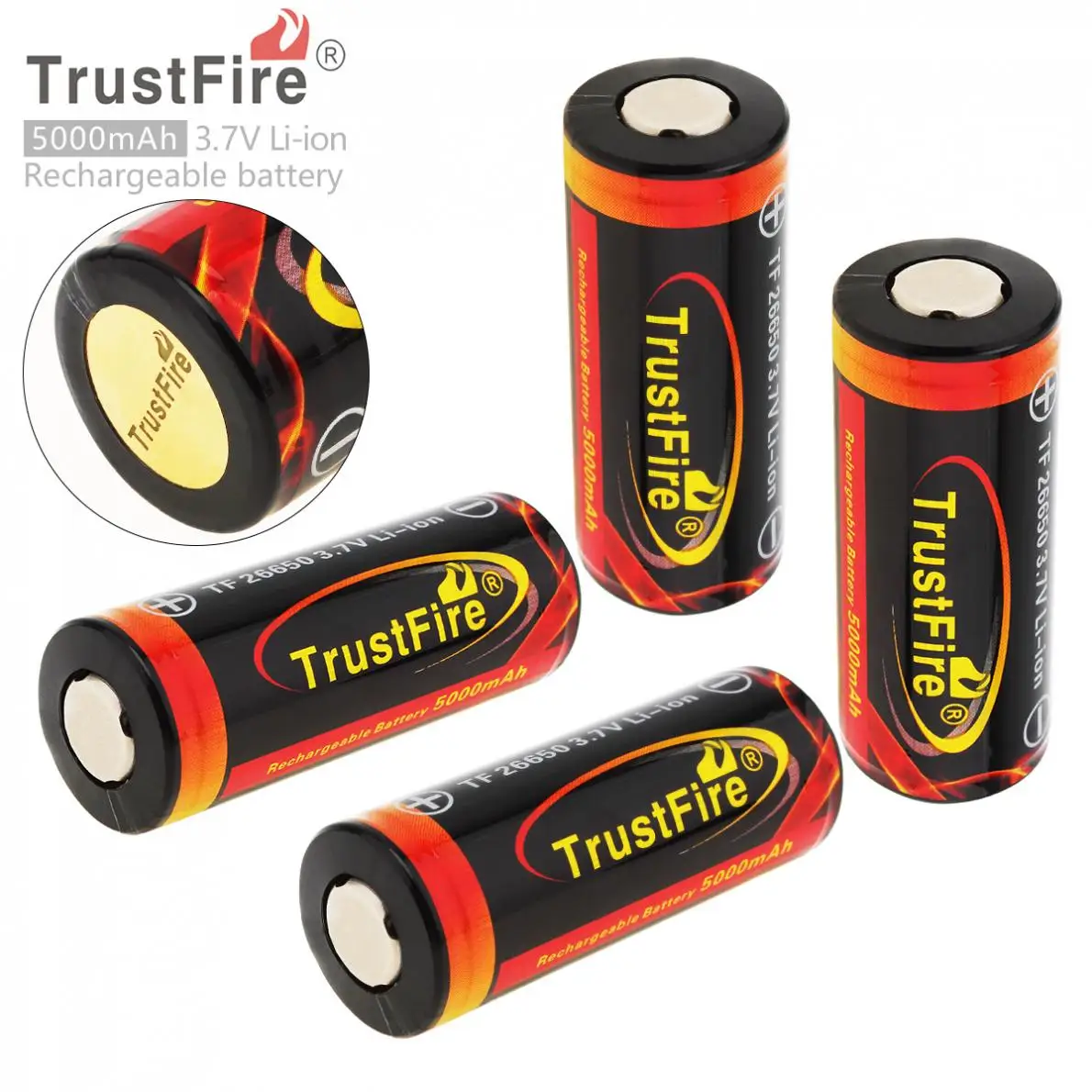

4 Pieces TrustFire 3.7V 26650 Rechargeable Battery 5000mAh Capacity Lithium Li-ion Batteries with Protected PCB for Flashlight