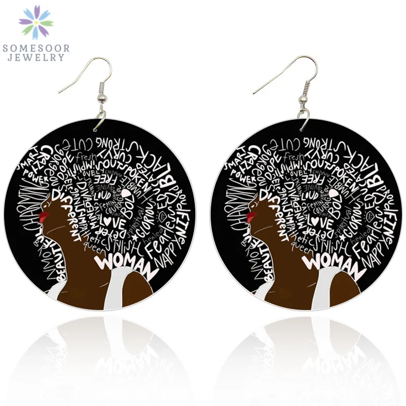 

SOMESOOR African Dope Woman Wooden Drop Earrings With Postive Words Afro Natural Hair Design Customized Wood Jewelry For Women