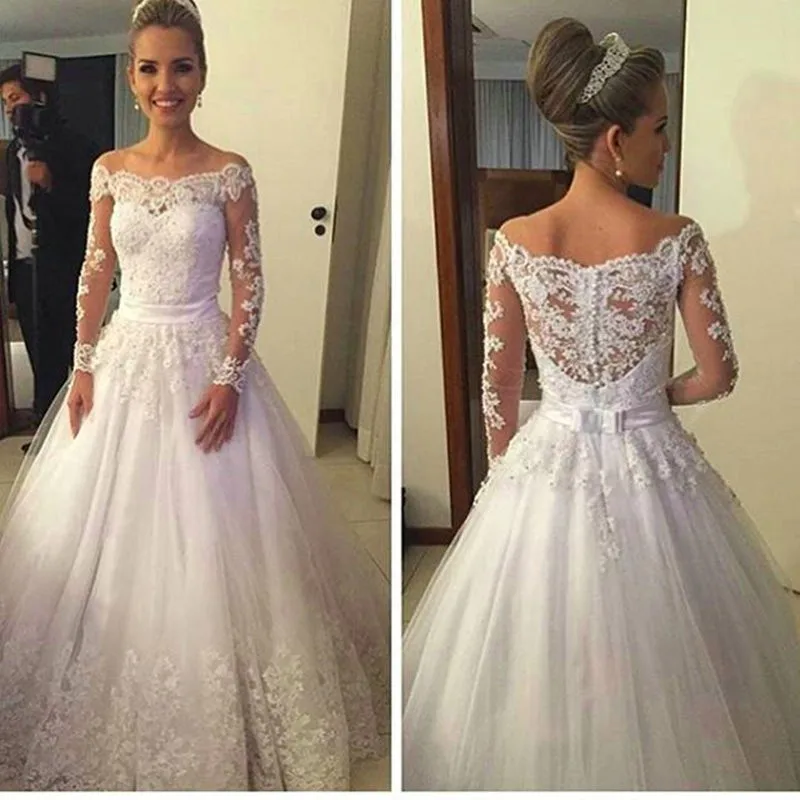 Vestidos De Noiva Кружева Свадебные Платья Высокая Шея С Длинным Рукавом Развертки Поезд