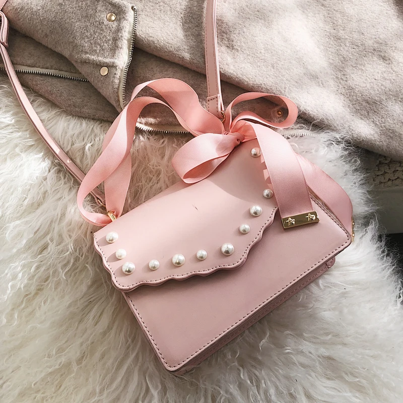 

2019 Spring New Sweet Square bag High Quality PU Leather Women's Designer Handbag Ribbon Tote bag Bow Shoulder Messenger bags