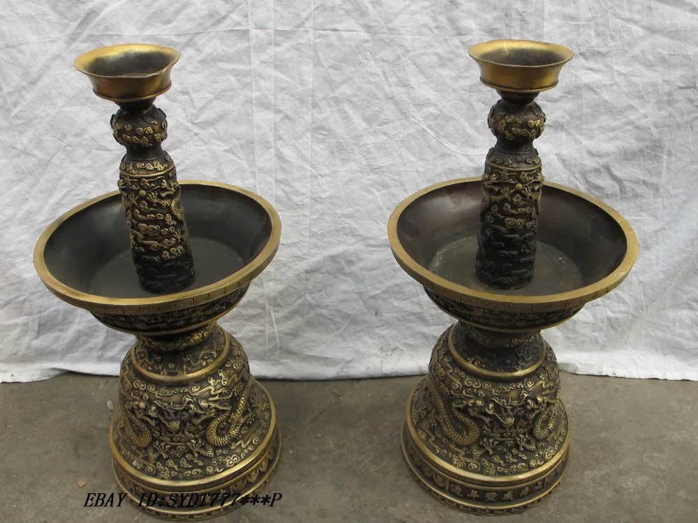 

18"China vintage Bronze hand-carved cloud dragon texture Dragon candlestick Pair copper Decoration real Brass