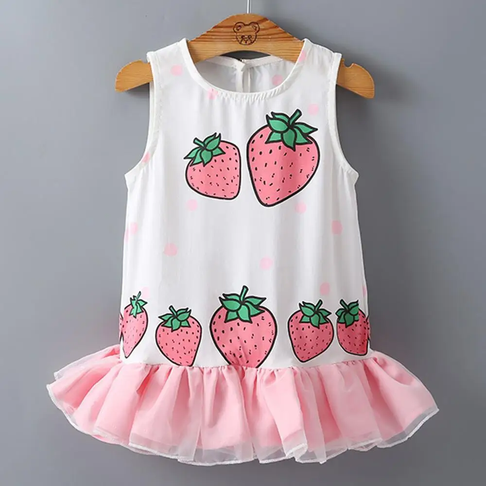 

Cute Girls Dress Summer Hot Sale New Toddler Kids Baby Girl Strawberry Print Patchwork Tulle Ruffled Sundress Dress Clothes