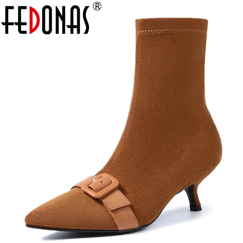 

FEDONAS 2018 New Women Sock Boots Pointed Toe Elastic High Boots Slip On High Heel Ankle Boots Women Pumps Stiletto Boots Pumps