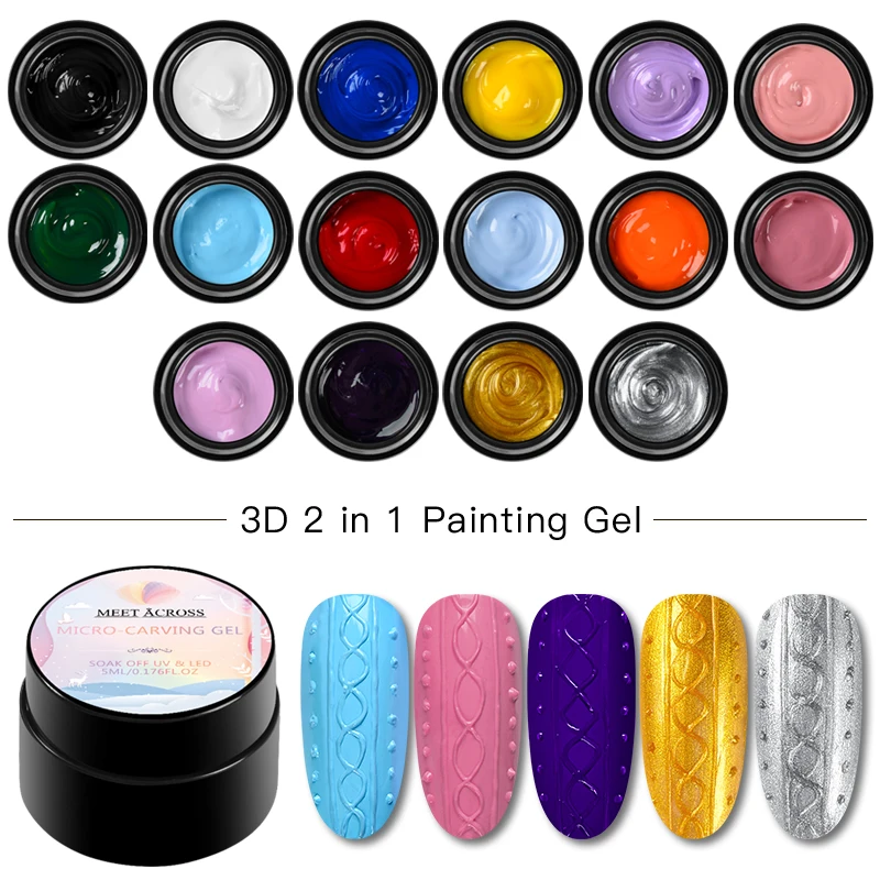 

MEET ACROSS 16 Colors 3D Emboss Carving Painting Gel Nail Polish 5ml Soak Off UV LED Gel Lacquer Varnish