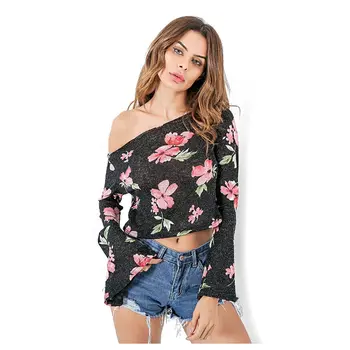 

Womens Casual Tees Spring Autumn T Shirt Sexy One Shoulder Loose Long Flare Sleeve Ruffles Women Tops Lady Print Short T-shirt