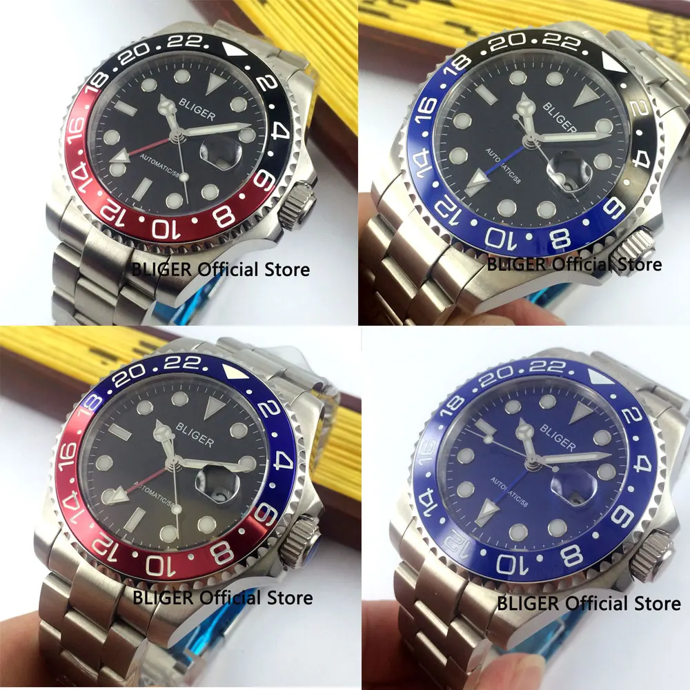 Sapphire Glass BLIGER 43MM Ceramic Bezel GMT Function Men's Watch Full Stainless Steel Automatic