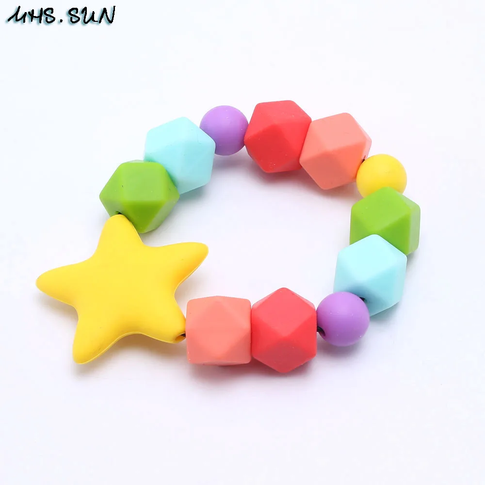 MHS.SUN Newest teething silicone bracelets with star/flower/round baby chewing toy rainbow color