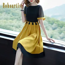 Bohoartist, летнее женское платье, цветной блок, короткий рукав, пэчворк, о-образный вырез, желтое платье трапециевидной формы,, Элегантные повседневные платья для девочек