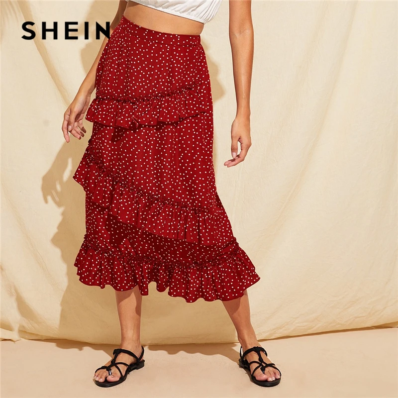 

SHEIN Bohemian Burgundy Ruffle Trim Polka Dot Women Long Skirt Summer Autumn 2019 Mid Waist Straight Elegant Skirts