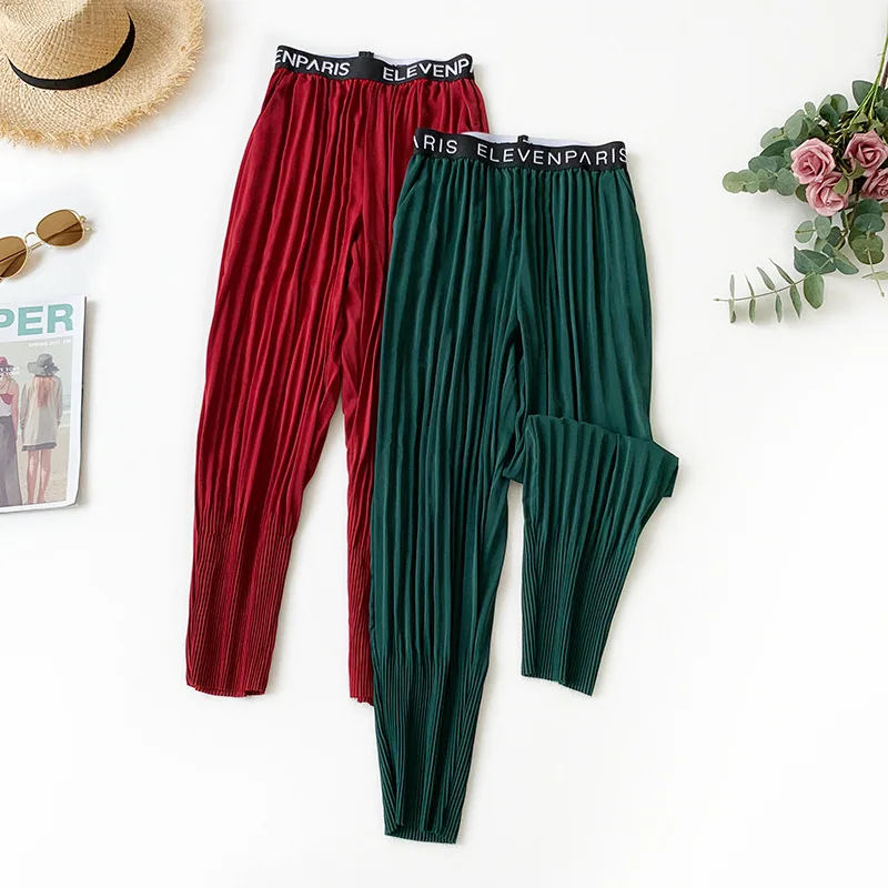 

Wasteheart Spring Women Fashion Green Red Long Slim Pants Harem Pants High Waist Ankle Length Female Pleated Pants Sweatpants