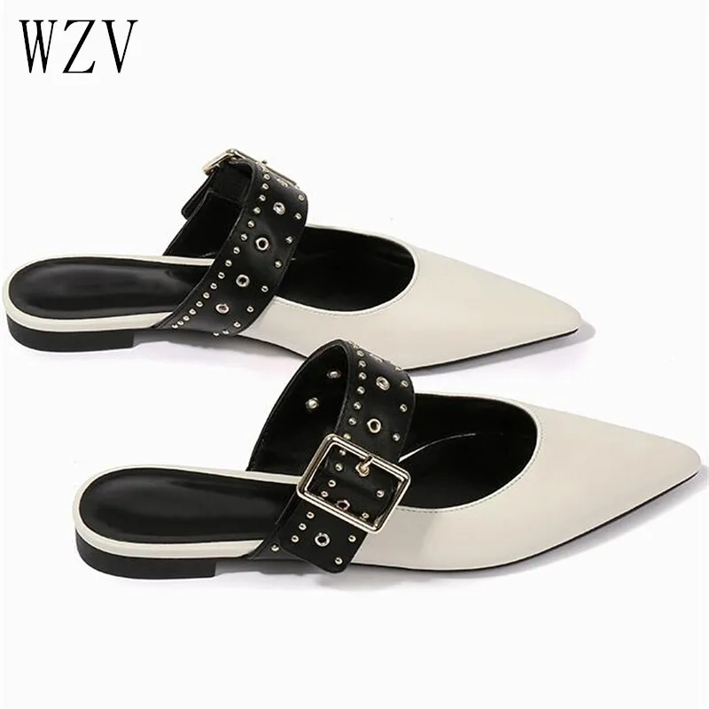 

2019 Summer Ladies Pointed Toe Flat Shoes Slip on Casual Shoes Woman Women Mules Fashion Belt Fastener Women Slippers E761