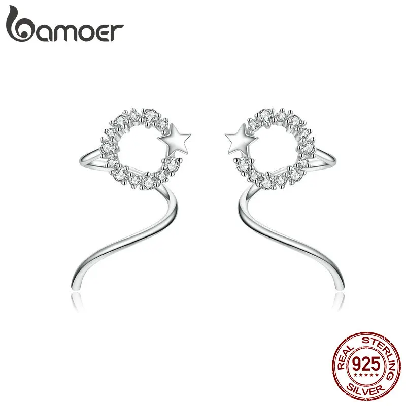 

bamoer Twine Hoop Earrings for Women Solid Silver 925 Star Round Tiny Ear Hoops Fashion Jewelry Korean Jewelry SCE637